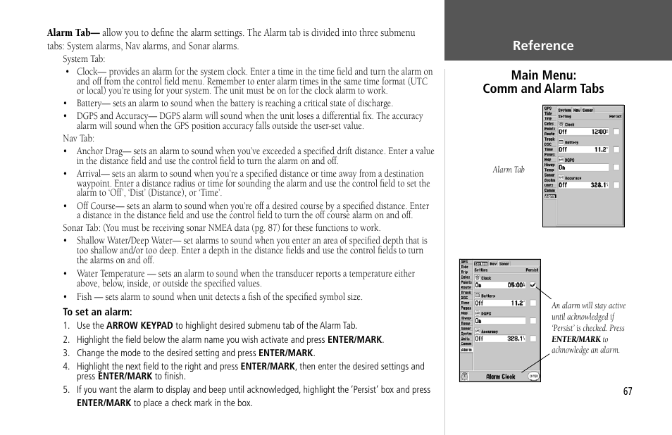 Reference main menu: comm and alarm tabs | Garmin GPSMAP 232 User Manual | Page 77 / 104