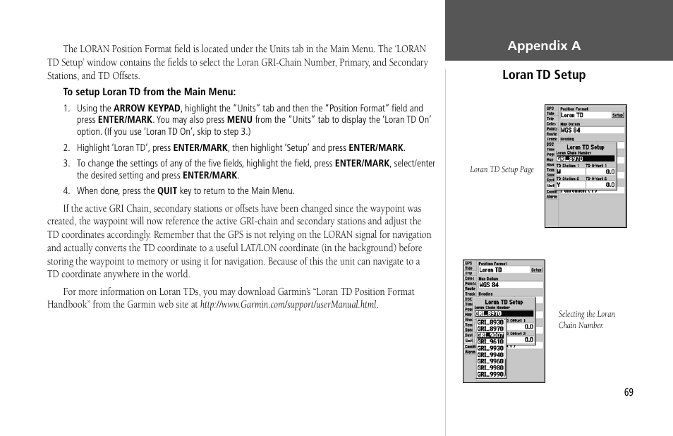 Appendix a loran td setup | Garmin GPSMAP 232 User Manual | Page 79 / 104