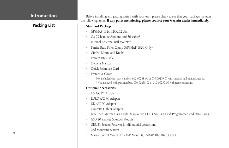 Packing list introduction | Garmin GPSMAP 232 User Manual | Page 8 / 104