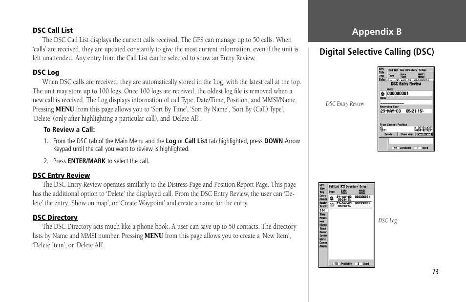 Digital selective calling (dsc) appendix b | Garmin GPSMAP 232 User Manual | Page 83 / 104