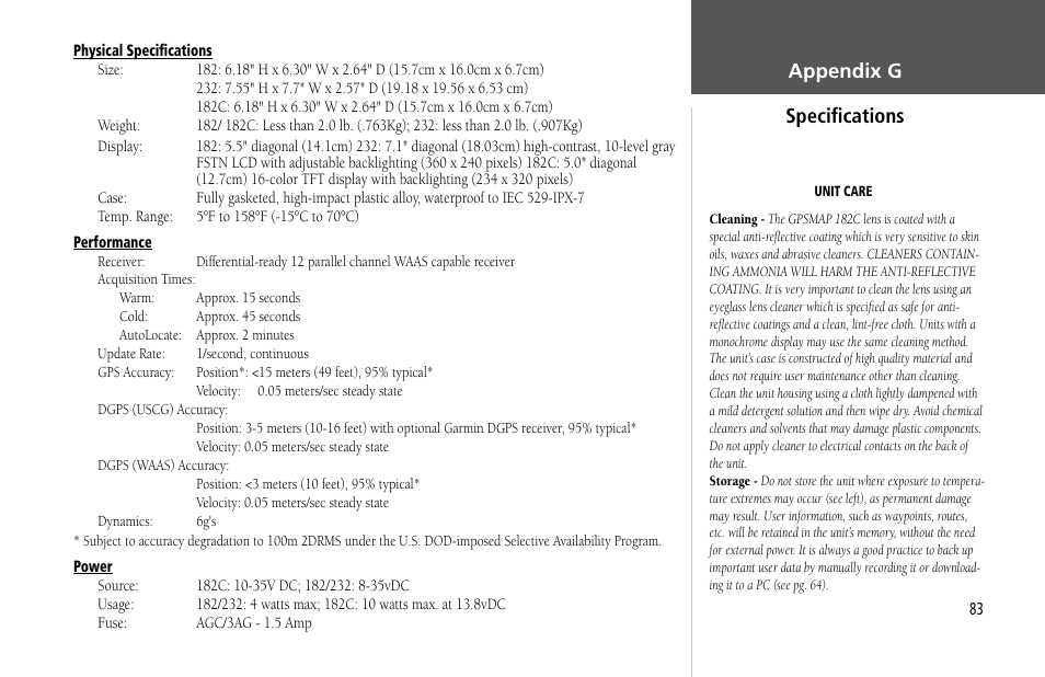 Appendix g speciﬁcations | Garmin GPSMAP 232 User Manual | Page 93 / 104