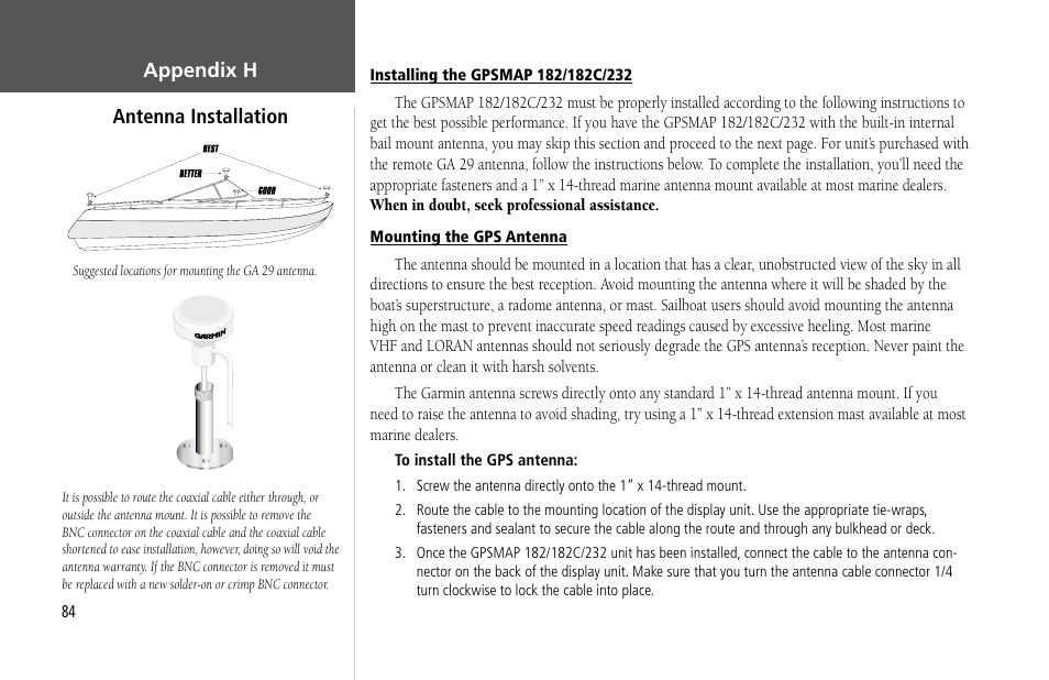 Appendix h antenna installation | Garmin GPSMAP 232 User Manual | Page 94 / 104