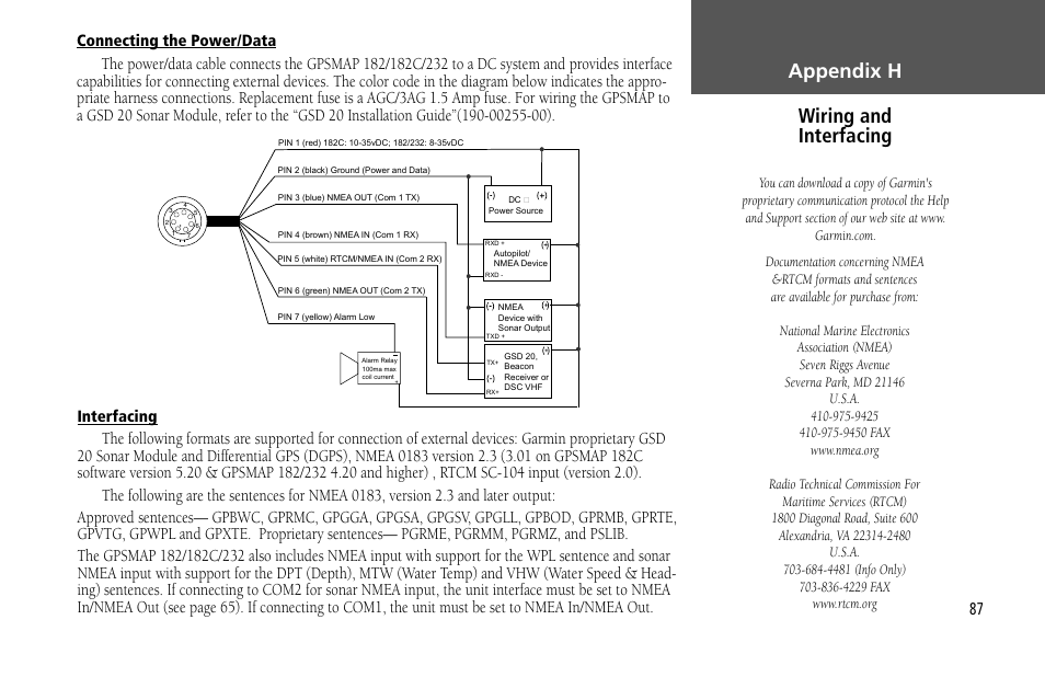 Appendix h wiring and interfacing, Connecting the power/data, Interfacing | Garmin GPSMAP 232 User Manual | Page 97 / 104