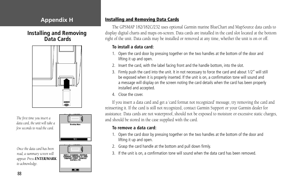 Appendix h installing and removing data cards | Garmin GPSMAP 232 User Manual | Page 98 / 104