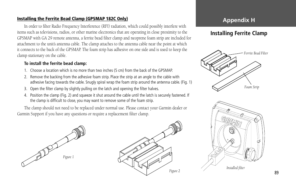 Appendix h installing ferrite clamp | Garmin GPSMAP 232 User Manual | Page 99 / 104