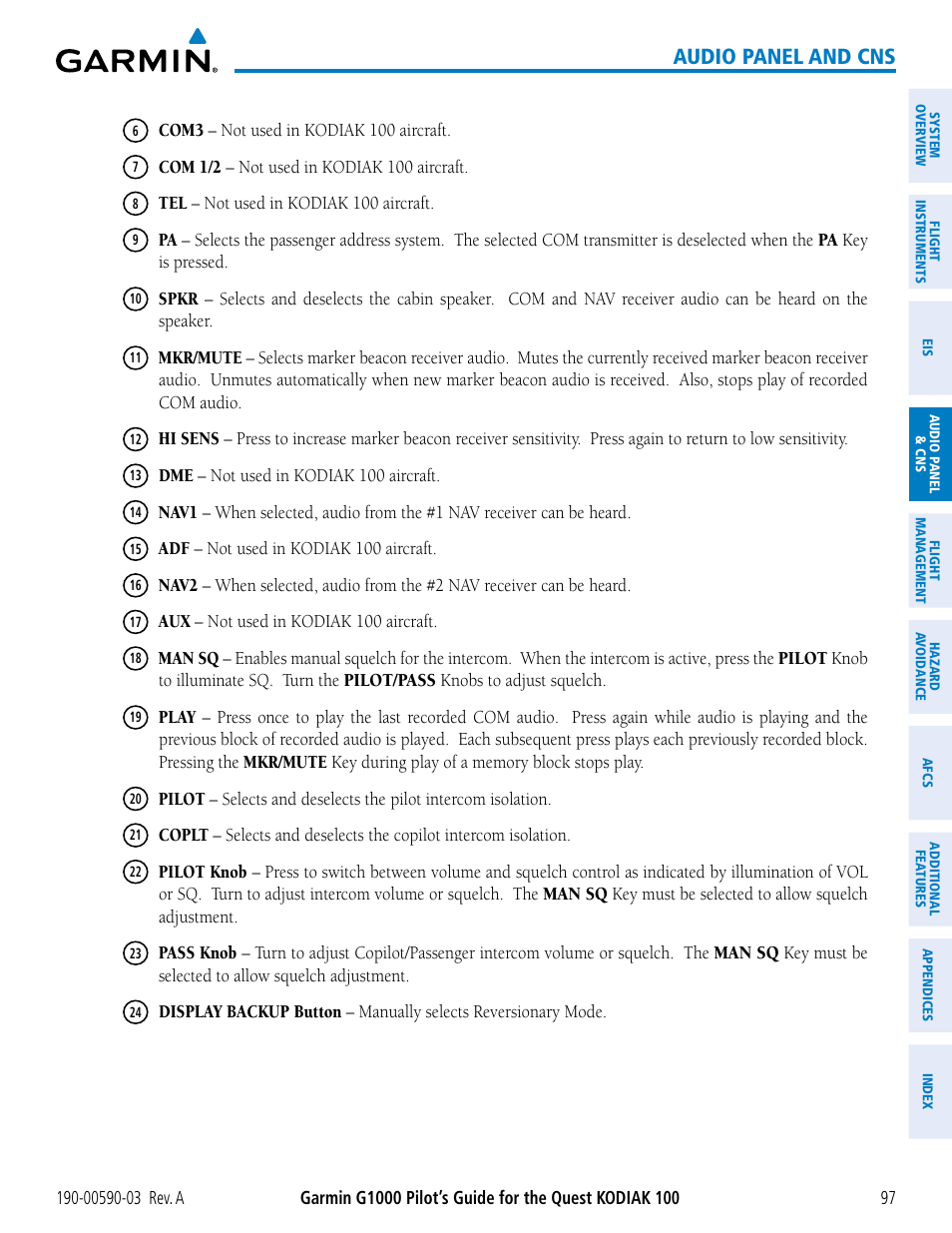 Audio panel and cns | Garmin G1000 Quest Kodiak User Manual | Page 109 / 502