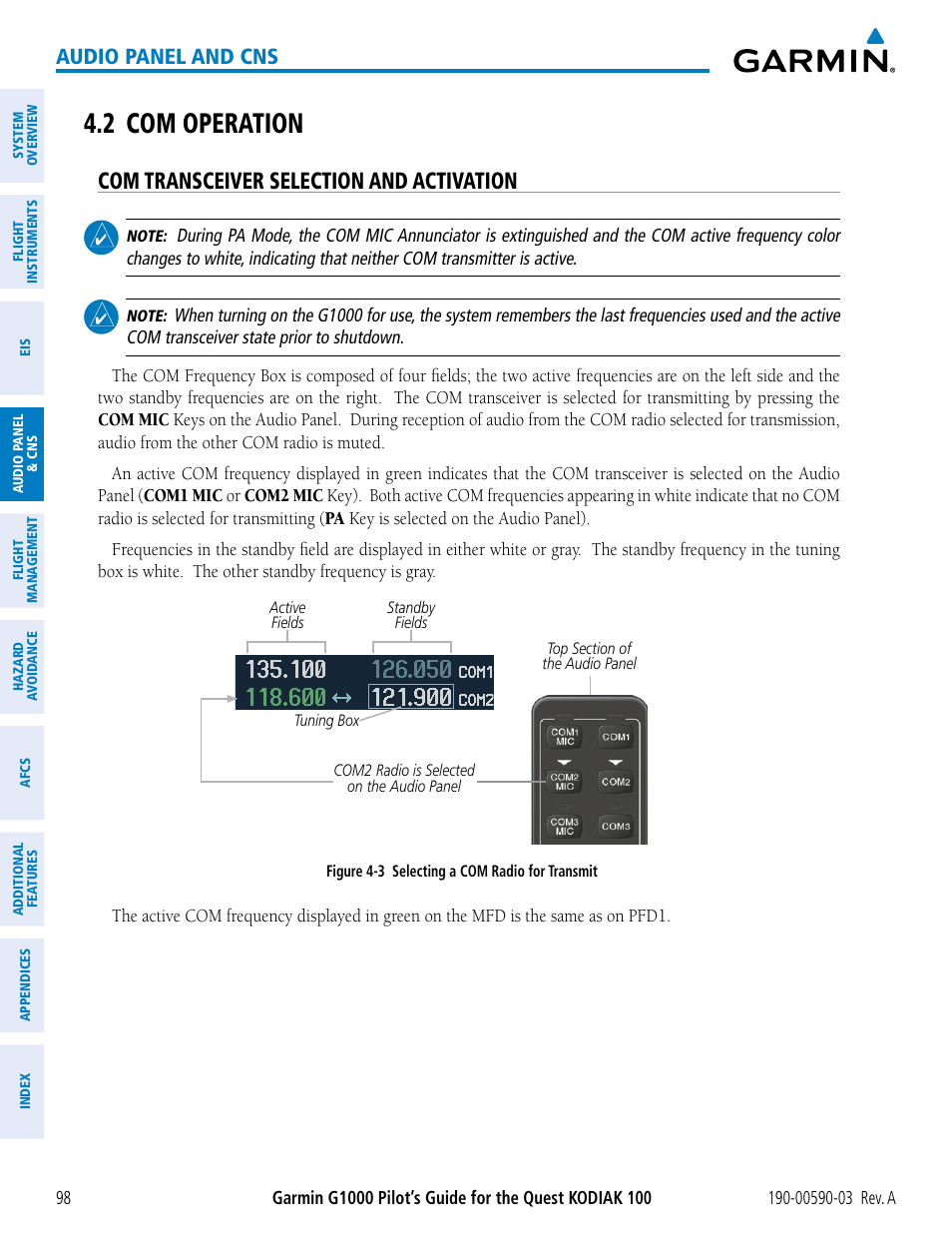 2 com operation, Com transceiver selection and activation, Audio panel and cns | Garmin G1000 Quest Kodiak User Manual | Page 110 / 502