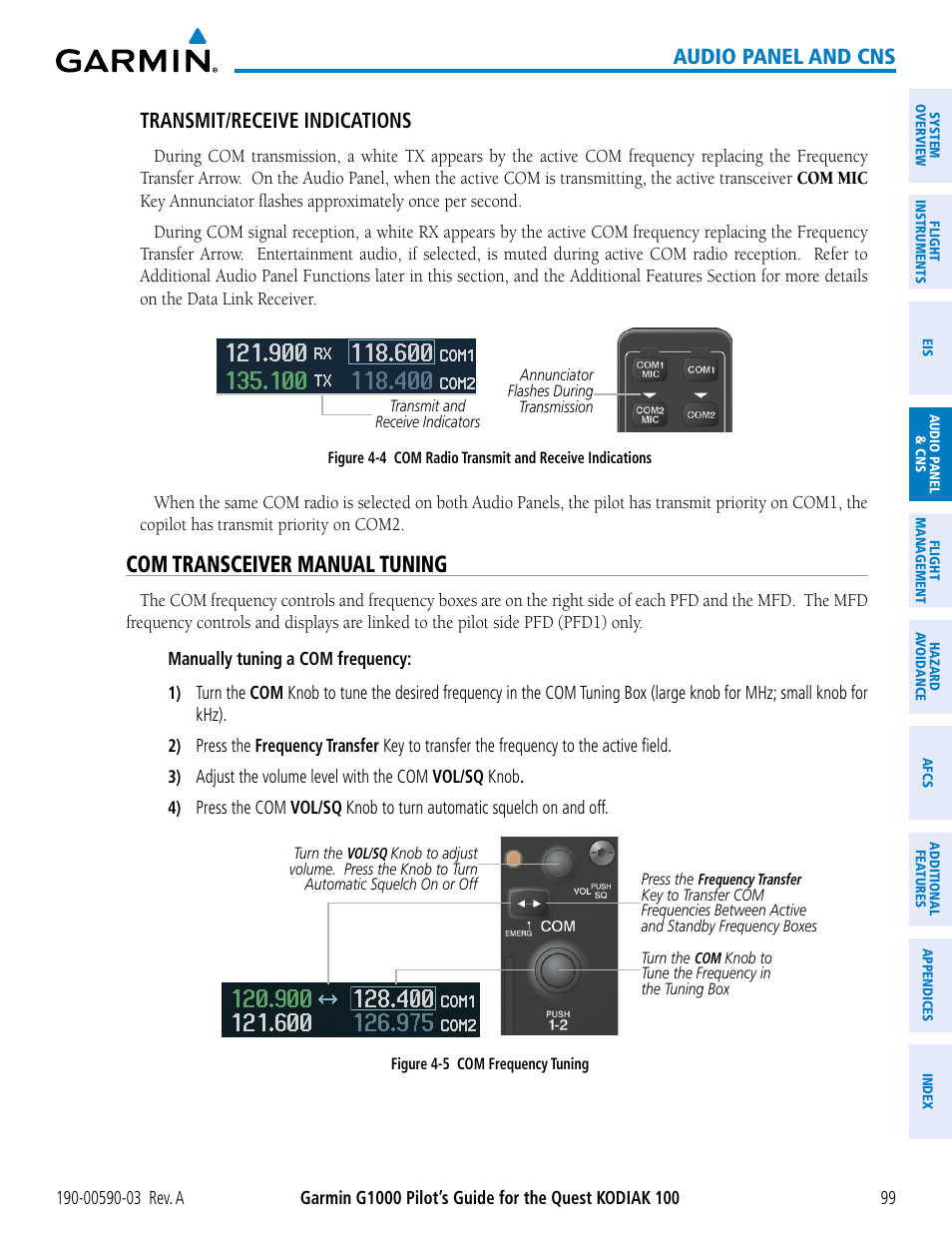 Com transceiver manual tuning, Audio panel and cns, Transmit/receive indications | Garmin G1000 Quest Kodiak User Manual | Page 111 / 502