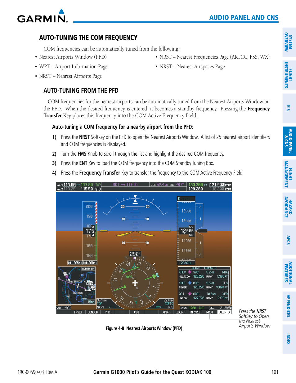 Auto-tuning the com frequency, Audio panel and cns, Auto-tuning from the pfd | Garmin G1000 Quest Kodiak User Manual | Page 113 / 502