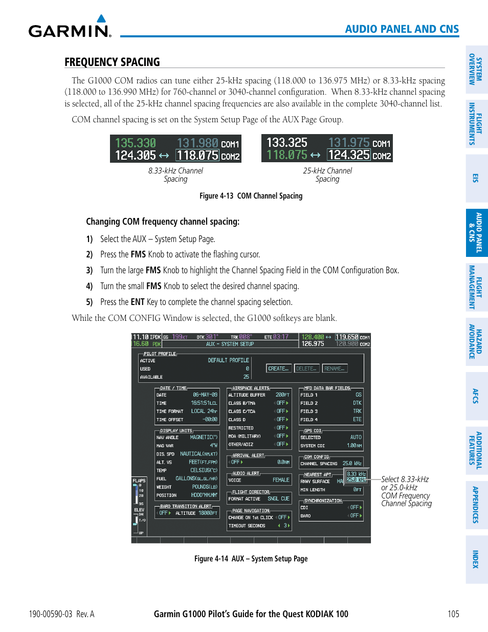 Frequency spacing, Audio panel and cns | Garmin G1000 Quest Kodiak User Manual | Page 117 / 502