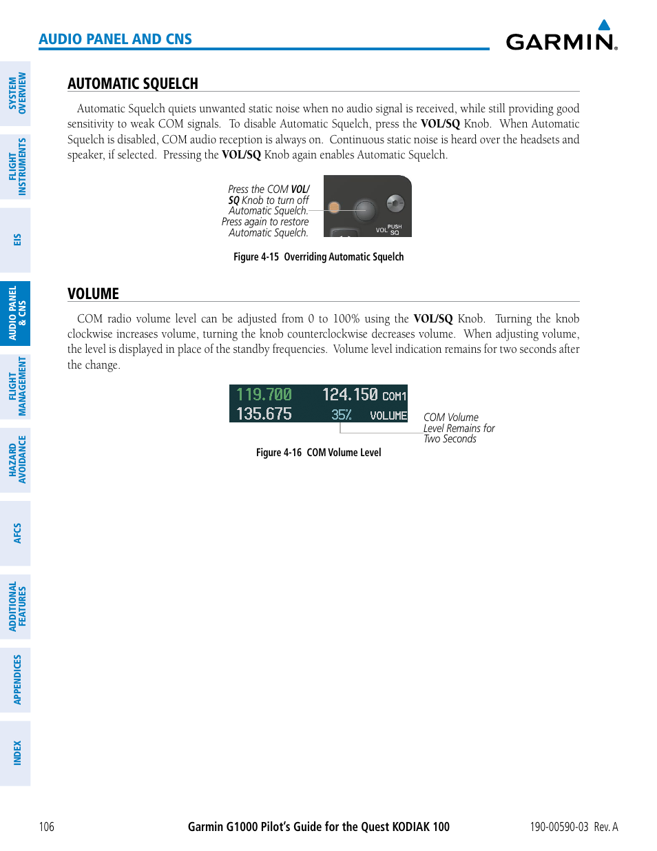 Automatic squelch, Volume, Audio panel and cns | Garmin G1000 Quest Kodiak User Manual | Page 118 / 502