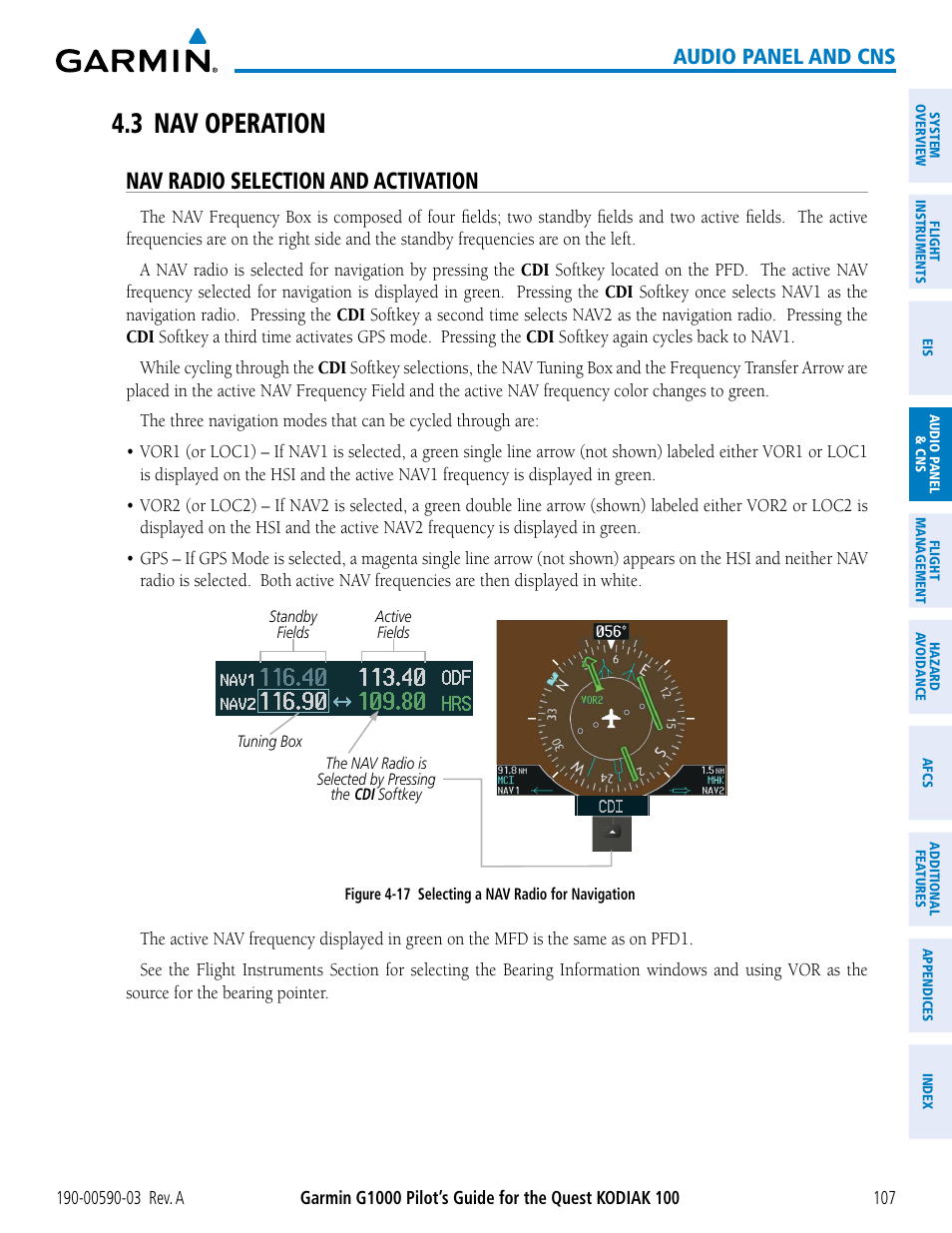 3 nav operation, Nav radio selection and activation, Audio panel and cns | Garmin G1000 Quest Kodiak User Manual | Page 119 / 502