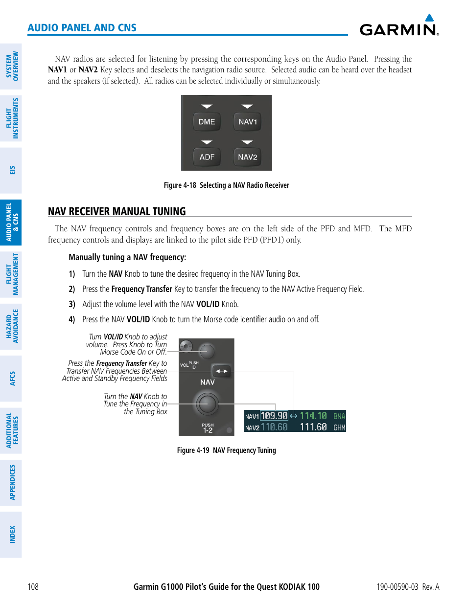 Nav receiver manual tuning, Audio panel and cns | Garmin G1000 Quest Kodiak User Manual | Page 120 / 502