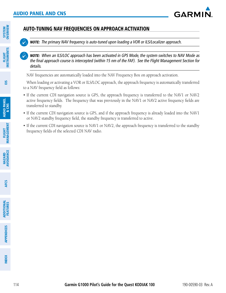 Auto-tuning nav frequencies on approach activation, Audio panel and cns | Garmin G1000 Quest Kodiak User Manual | Page 126 / 502