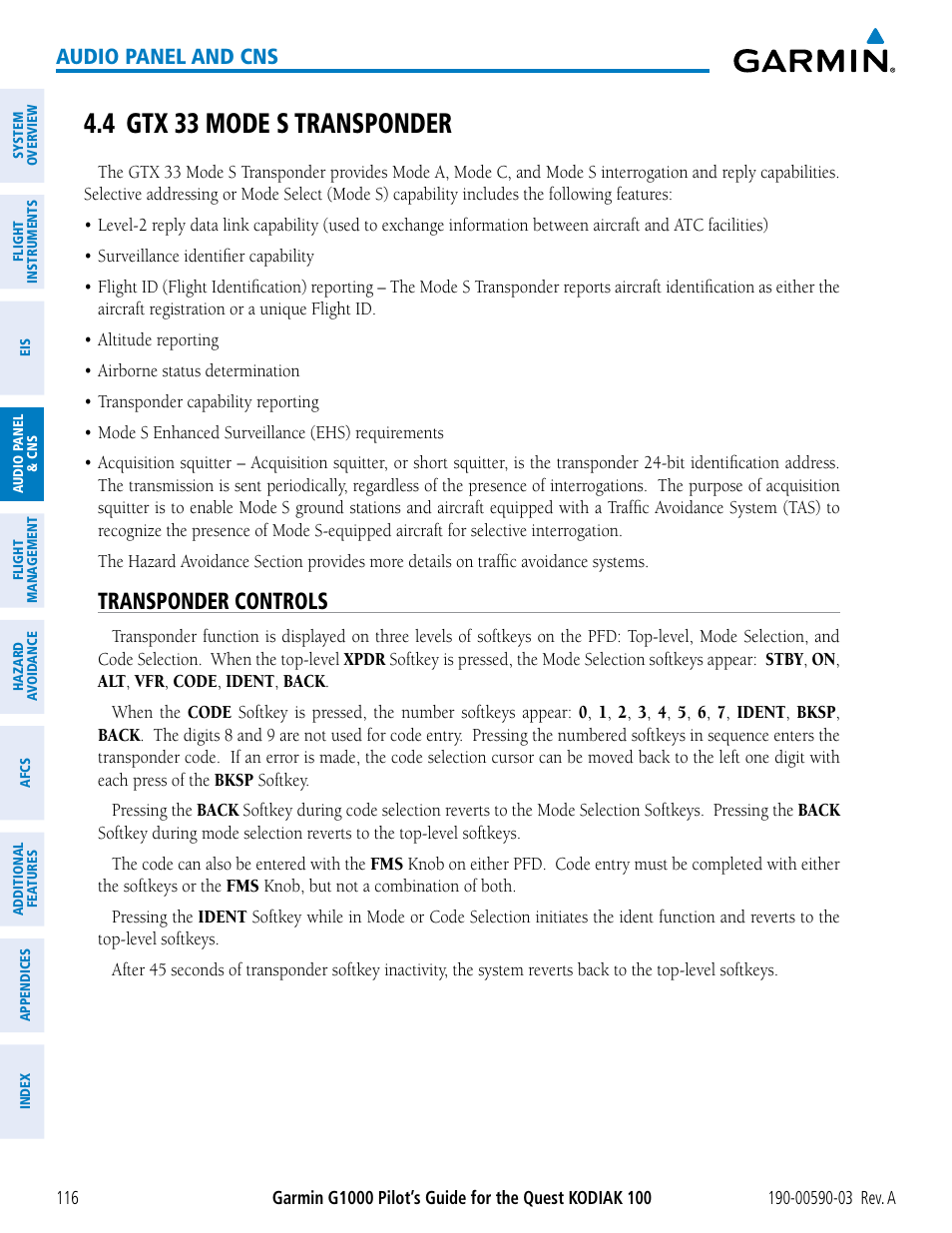 4 gtx 33 mode s transponder, Transponder controls, Audio panel and cns | Garmin G1000 Quest Kodiak User Manual | Page 128 / 502