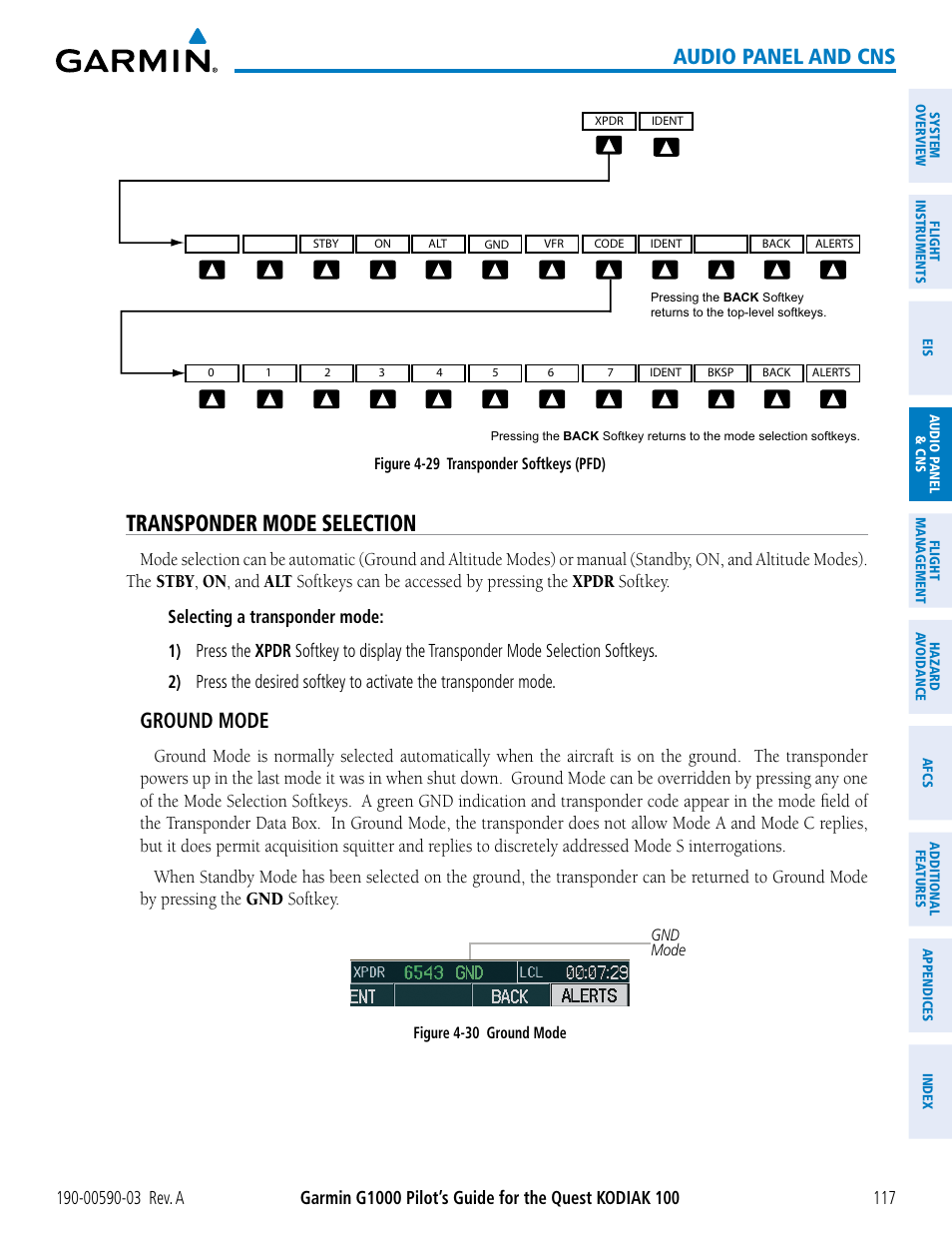 Transponder mode selection, Audio panel and cns, Ground mode | Garmin G1000 Quest Kodiak User Manual | Page 129 / 502