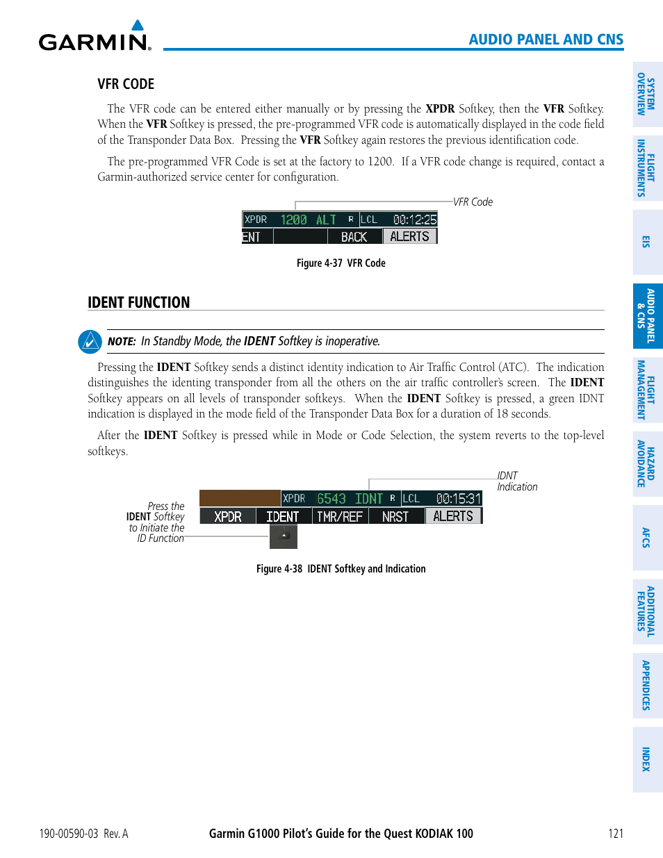 Ident function, Audio panel and cns, Vfr code | Garmin G1000 Quest Kodiak User Manual | Page 133 / 502