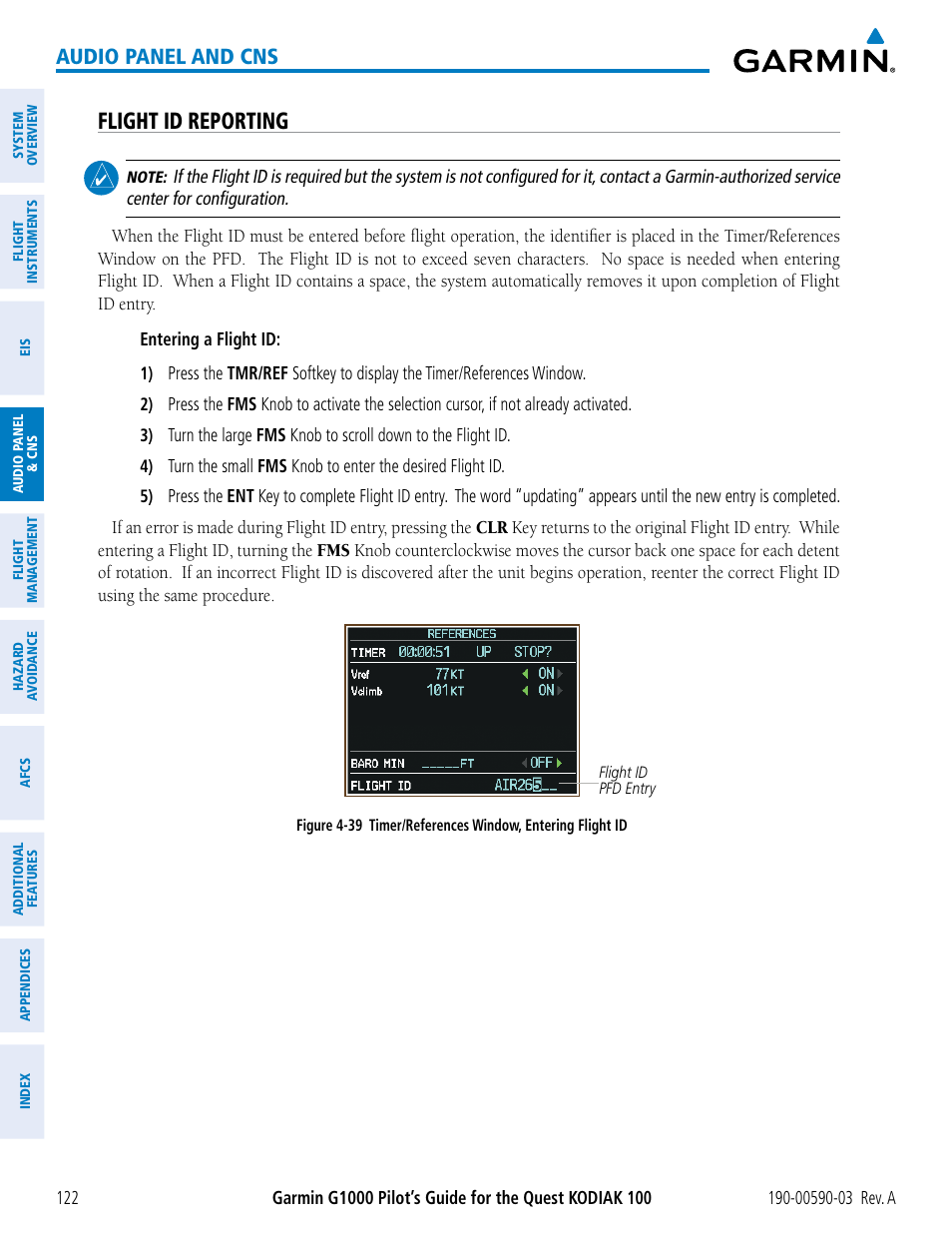 Flight id reporting, Audio panel and cns | Garmin G1000 Quest Kodiak User Manual | Page 134 / 502