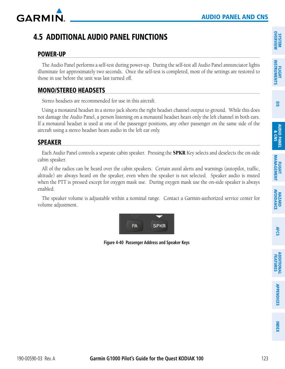 5 additional audio panel functions, Power-up, Mono/stereo headsets | Speaker, Audio panel and cns | Garmin G1000 Quest Kodiak User Manual | Page 135 / 502