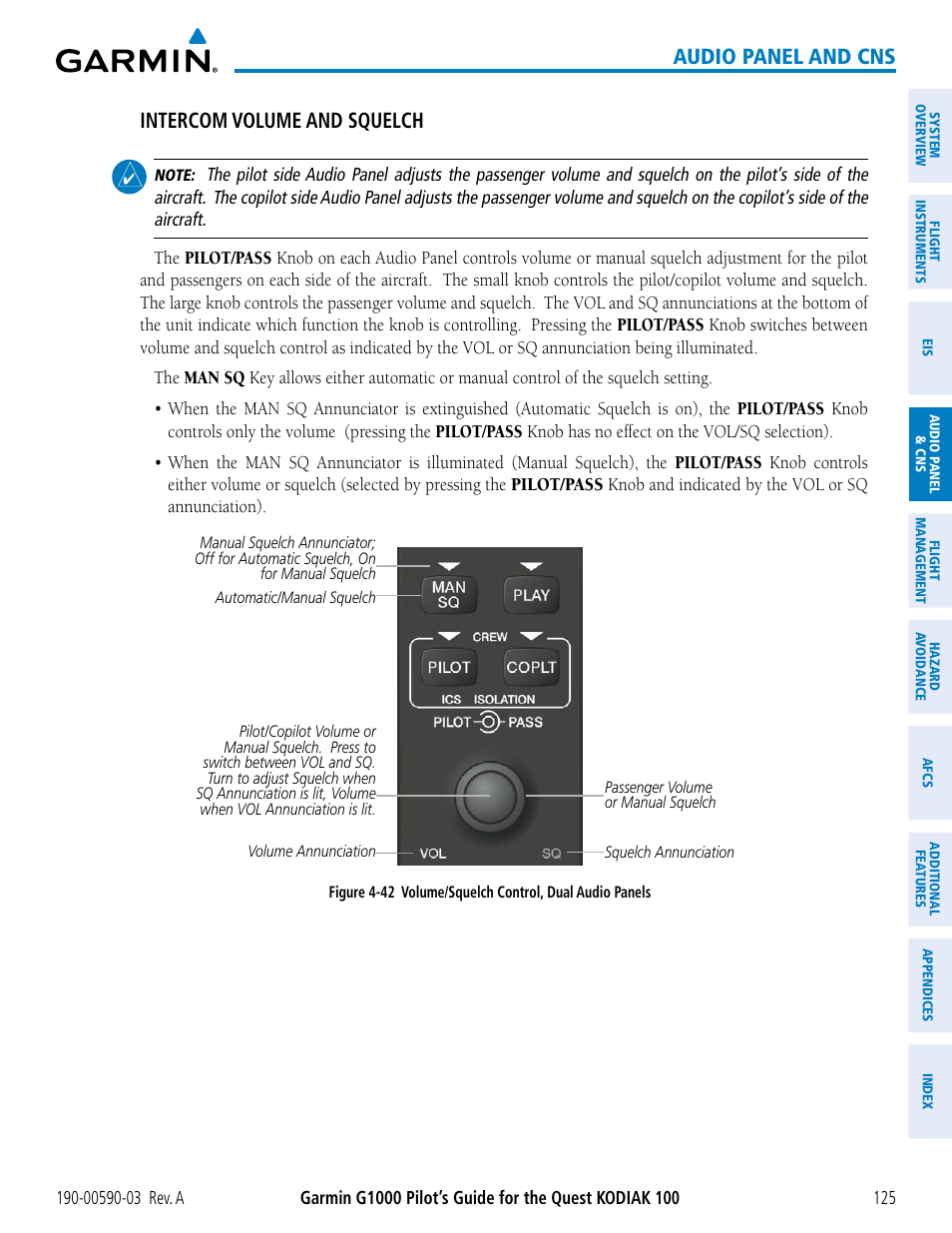 Audio panel and cns, Intercom volume and squelch | Garmin G1000 Quest Kodiak User Manual | Page 137 / 502