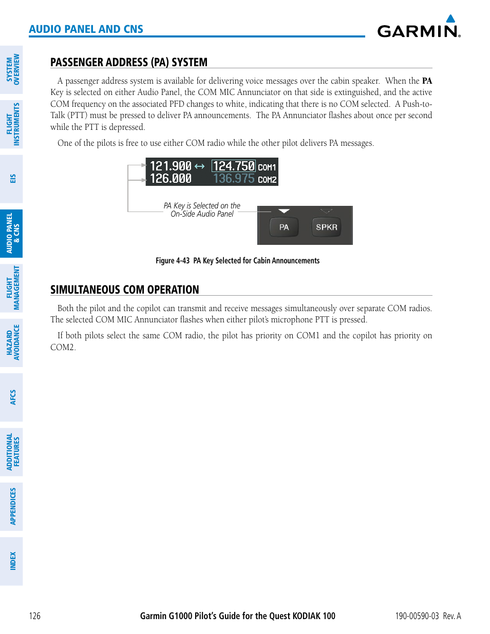 Passenger address (pa) system, Simultaneous com operation, Audio panel and cns | Garmin G1000 Quest Kodiak User Manual | Page 138 / 502