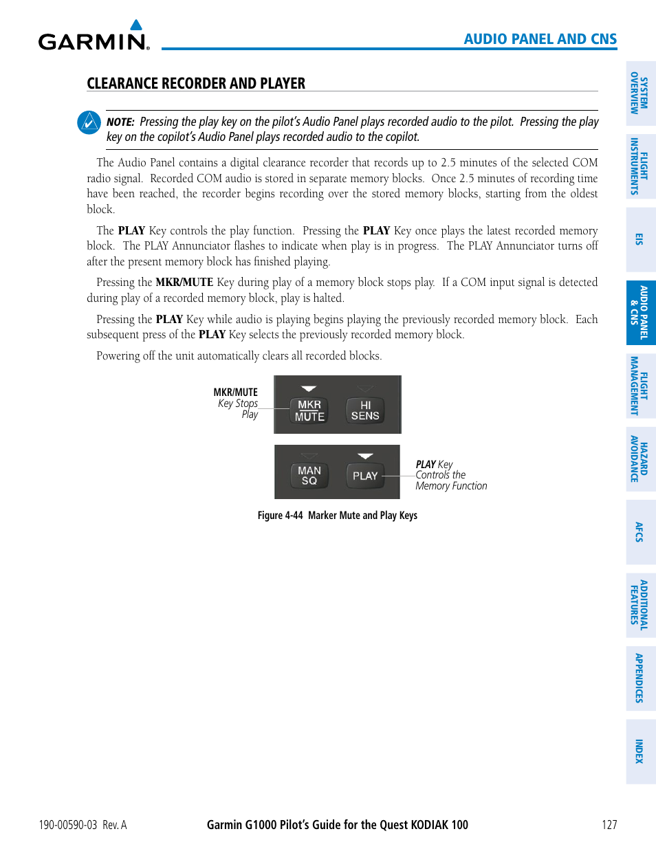 Clearance recorder and player, Audio panel and cns | Garmin G1000 Quest Kodiak User Manual | Page 139 / 502