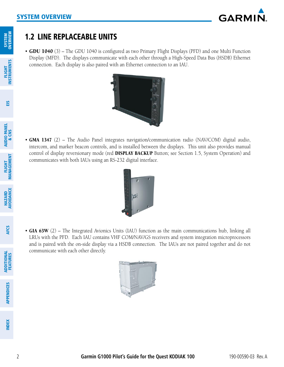 2 line replaceable units, System overview | Garmin G1000 Quest Kodiak User Manual | Page 14 / 502