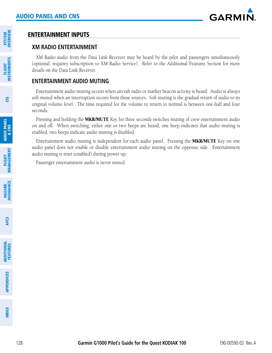 Entertainment inputs, Audio panel and cns, Xm radio entertainment | Entertainment audio muting | Garmin G1000 Quest Kodiak User Manual | Page 140 / 502