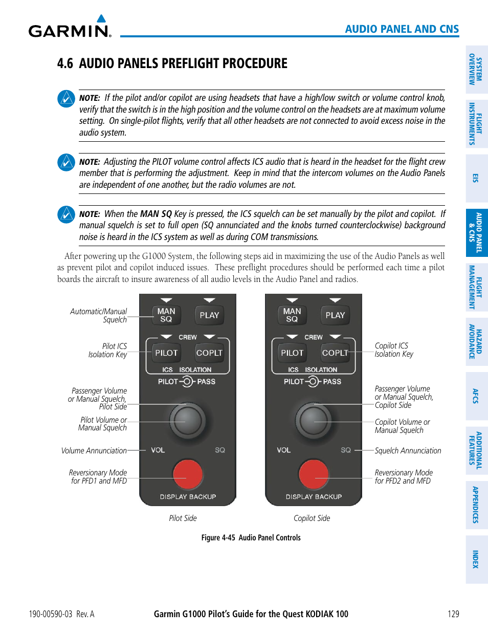 6 audio panels preflight procedure, Audio panel and cns | Garmin G1000 Quest Kodiak User Manual | Page 141 / 502