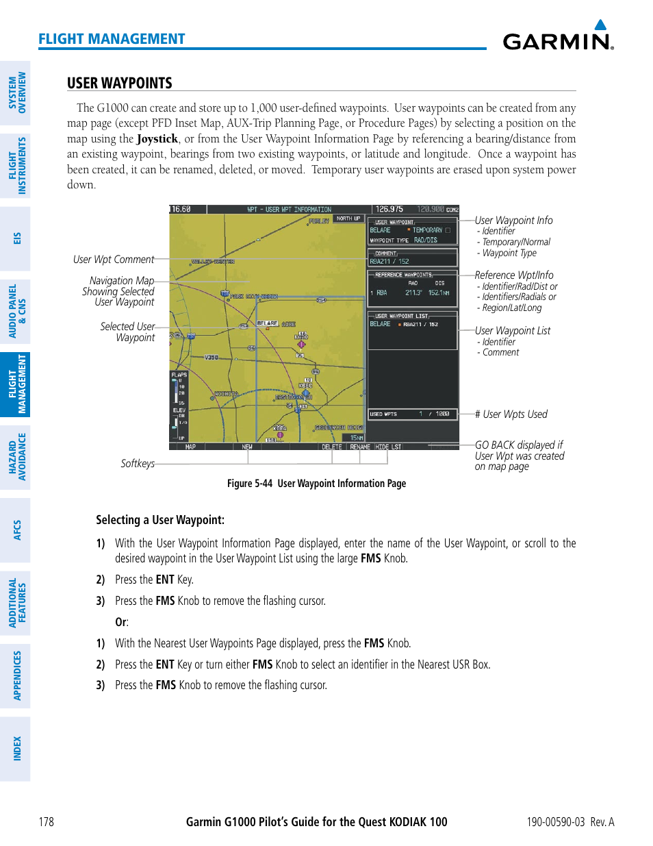 User waypoints, Flight management | Garmin G1000 Quest Kodiak User Manual | Page 190 / 502