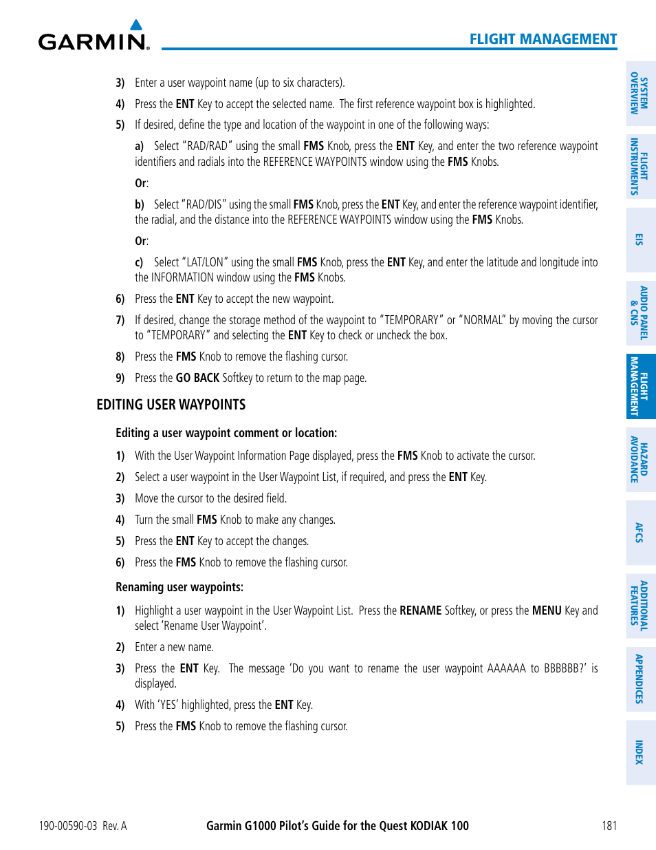 Flight management, Editing user waypoints | Garmin G1000 Quest Kodiak User Manual | Page 193 / 502