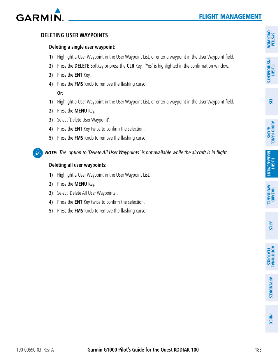 Flight management, Deleting user waypoints | Garmin G1000 Quest Kodiak User Manual | Page 195 / 502