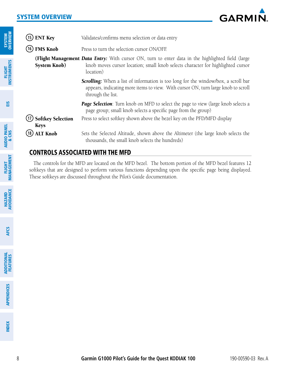 Controls associated with the mfd, System overview | Garmin G1000 Quest Kodiak User Manual | Page 20 / 502