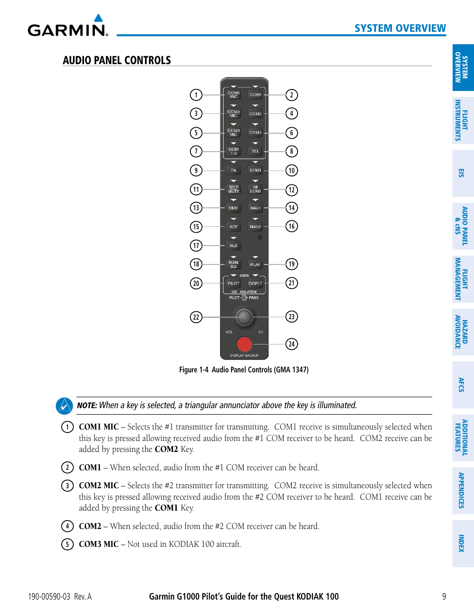 Audio panel controls, System overview | Garmin G1000 Quest Kodiak User Manual | Page 21 / 502