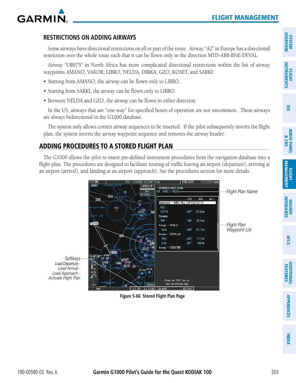 Adding procedures to a stored flight plan, Flight management, Restrictions on adding airways | Garmin G1000 Quest Kodiak User Manual | Page 215 / 502