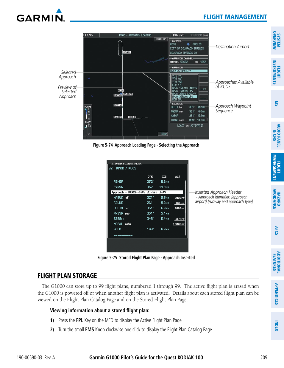 Flight plan storage, Flight management | Garmin G1000 Quest Kodiak User Manual | Page 221 / 502