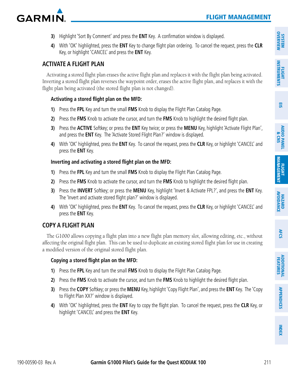 Flight management, Activate a flight plan, Copy a flight plan | Garmin G1000 Quest Kodiak User Manual | Page 223 / 502