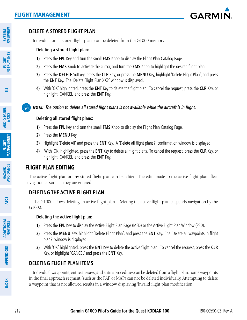 Flight plan editing, Flight management, Delete a stored flight plan | Deleting the active flight plan, Deleting flight plan items | Garmin G1000 Quest Kodiak User Manual | Page 224 / 502