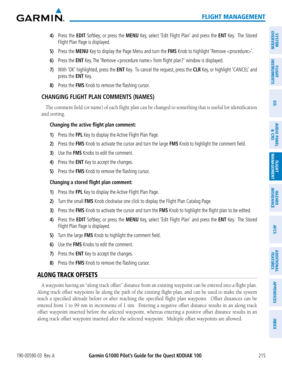 Along track offsets, Flight management, Changing flight plan comments (names) | Garmin G1000 Quest Kodiak User Manual | Page 227 / 502