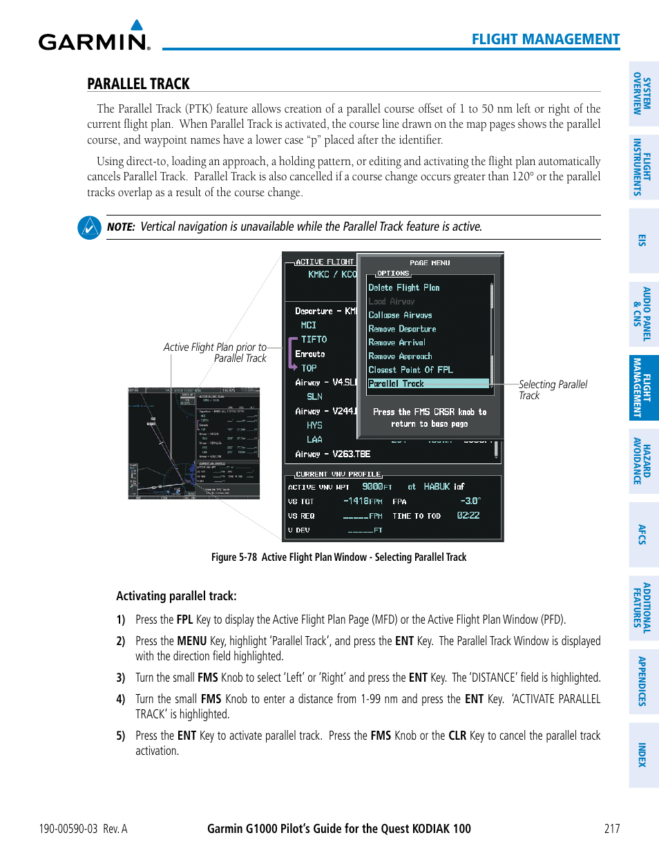 Parallel track, Flight management | Garmin G1000 Quest Kodiak User Manual | Page 229 / 502