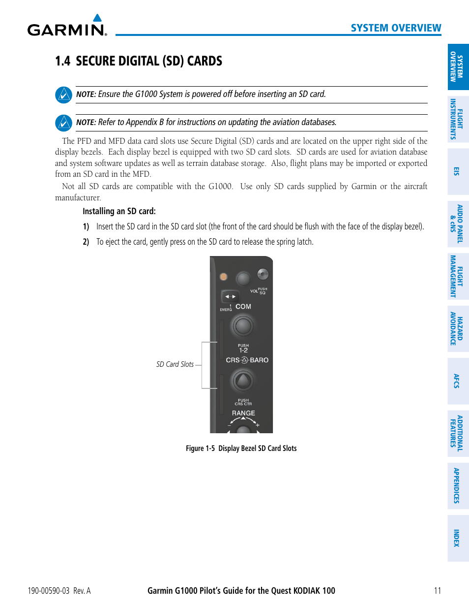 4 secure digital (sd) cards, System overview | Garmin G1000 Quest Kodiak User Manual | Page 23 / 502