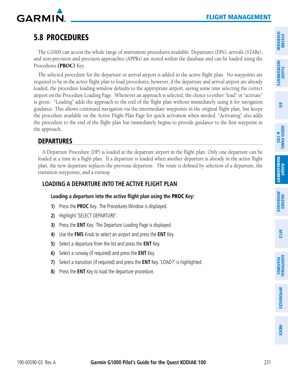 8 procedures, Departures, Flight management | Loading a departure into the active flight plan | Garmin G1000 Quest Kodiak User Manual | Page 243 / 502