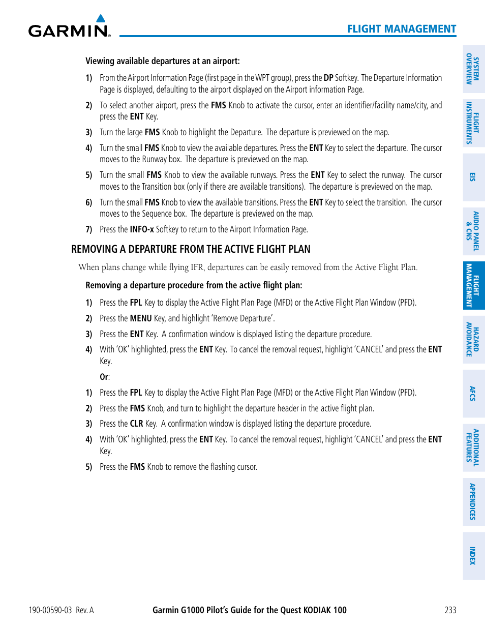 Flight management, Removing a departure from the active flight plan | Garmin G1000 Quest Kodiak User Manual | Page 245 / 502