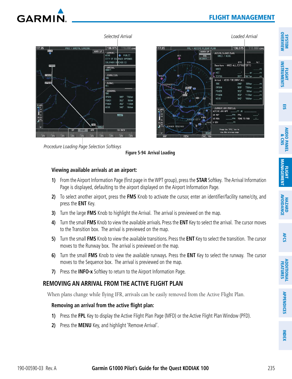 Flight management, Removing an arrival from the active flight plan | Garmin G1000 Quest Kodiak User Manual | Page 247 / 502