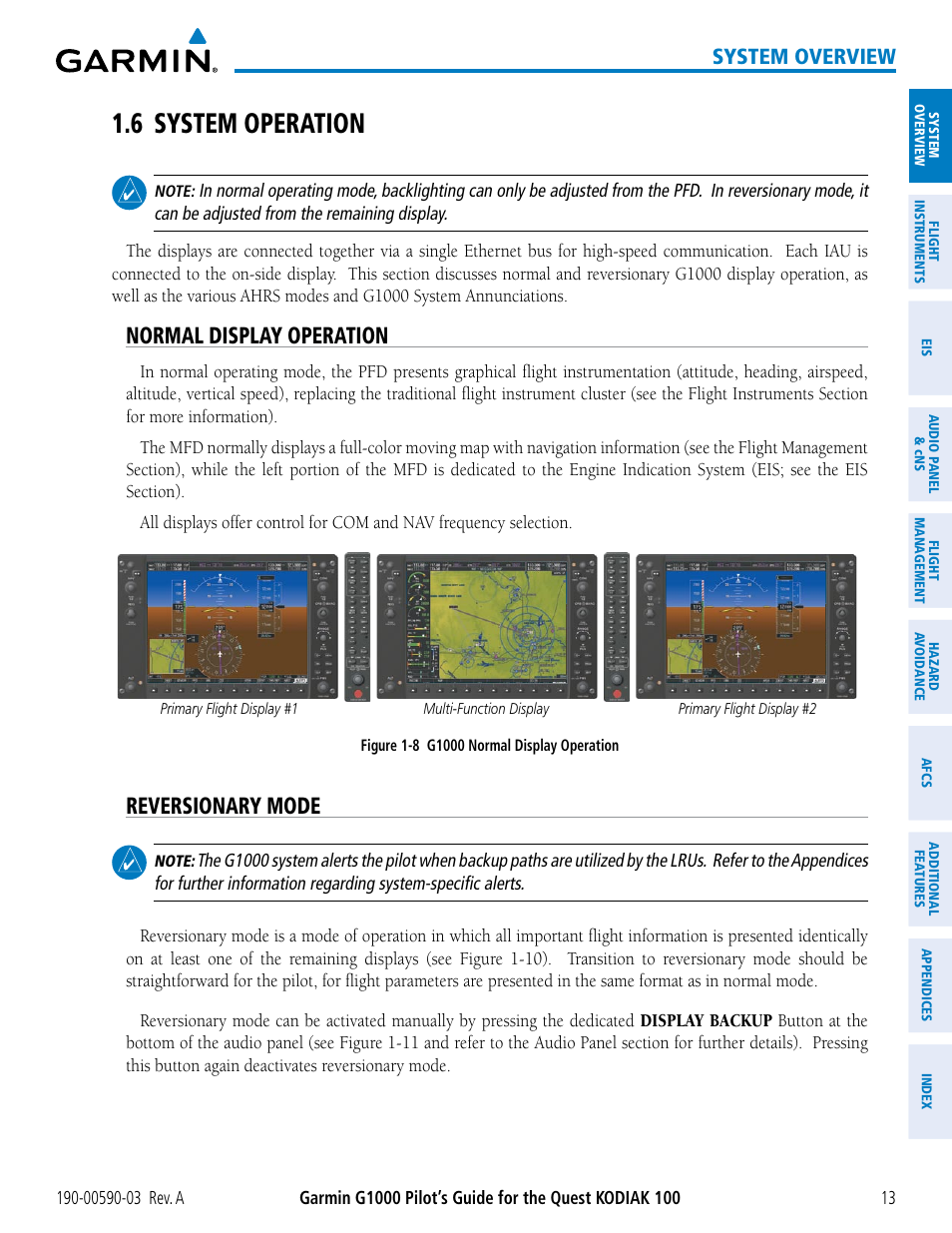 6 system operation, Normal display operation, Reversionary mode | System overview | Garmin G1000 Quest Kodiak User Manual | Page 25 / 502