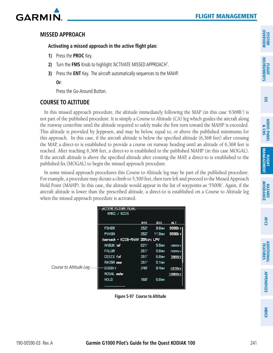 Flight management, Missed approach, Course to altitude | Garmin G1000 Quest Kodiak User Manual | Page 253 / 502