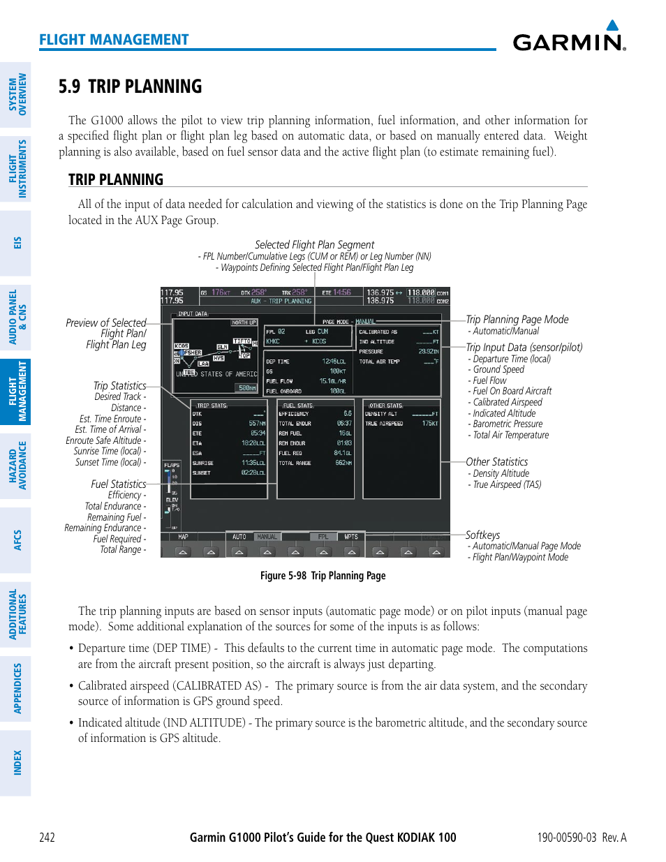 9 trip planning, Trip planning, Flight management | Garmin G1000 Quest Kodiak User Manual | Page 254 / 502