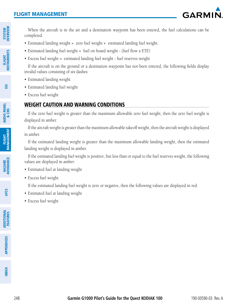 Weight caution and warning conditions, Flight management | Garmin G1000 Quest Kodiak User Manual | Page 260 / 502