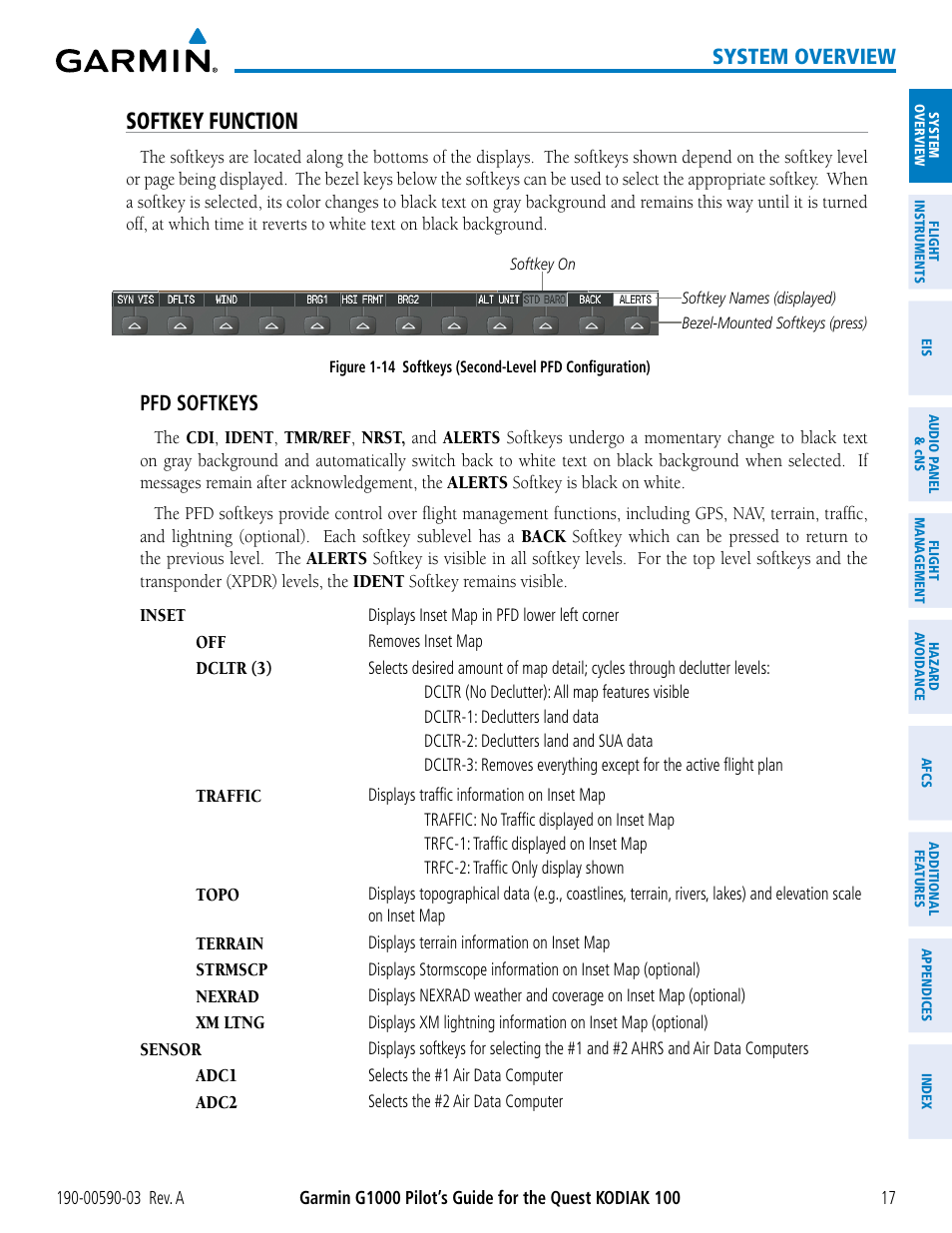 Softkey function, System overview, Pfd softkeys | Garmin G1000 Quest Kodiak User Manual | Page 29 / 502