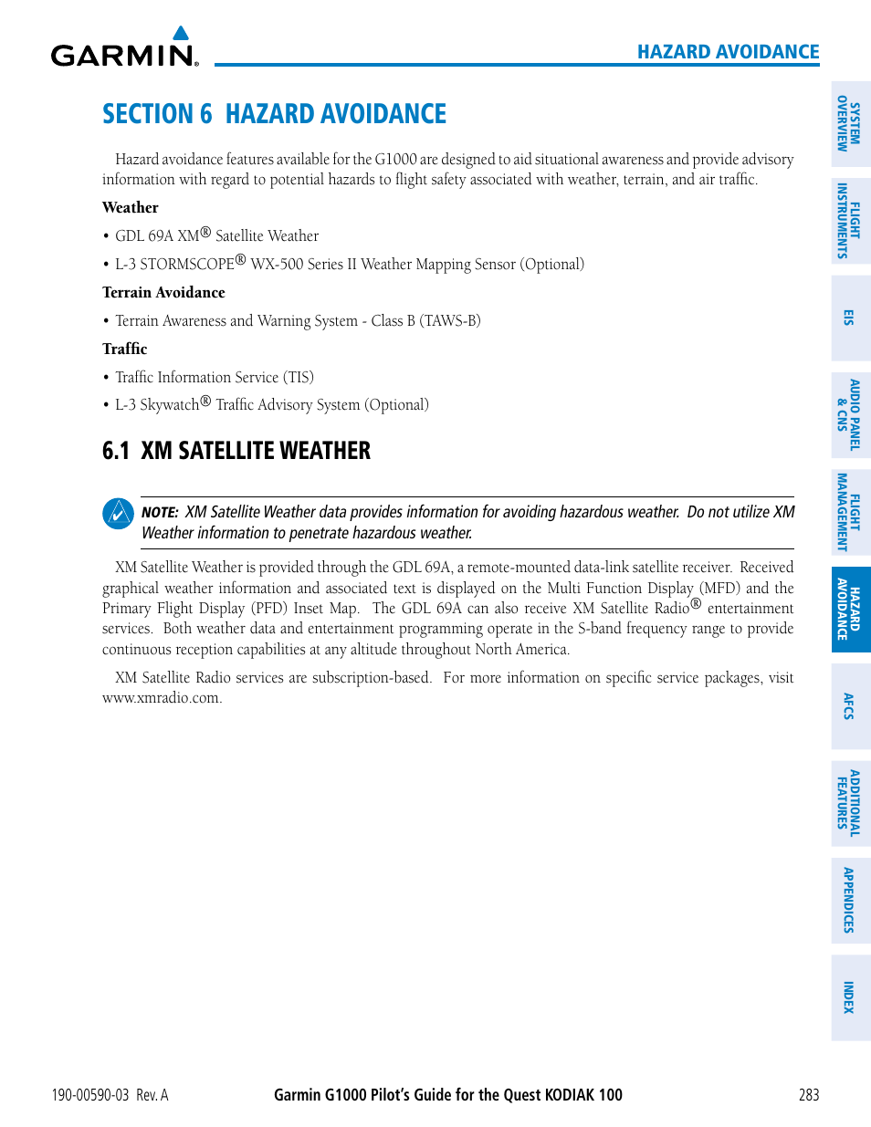 Section 6 hazard avoidance, 1 xm satellite weather, Hazard avoidance | Garmin G1000 Quest Kodiak User Manual | Page 295 / 502